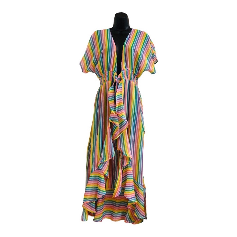 Beautiful Rainbow‎ striped bat wing ruffled front tie coverup dress size small